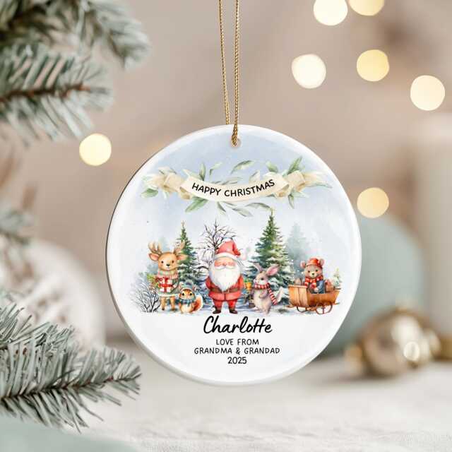 Personalised Baby's First Christmas Bauble 2025 - Custom Name & Year, Santa & Woodland Animals Ornament - image 1