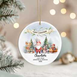Personalised Baby's First Christmas Bauble 2025 - Custom Name & Year, Santa & Woodland Animals Ornament - thumbnail 1