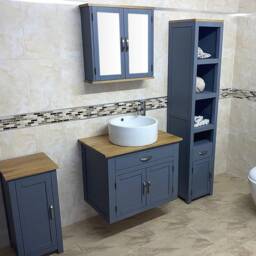 Bathroom Wall Hung Vanity Cabinet Painted Grey Unit - Solid Oak Top Ceramic Basin Choice 502Gwcbc - thumbnail 2
