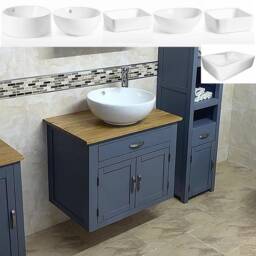 Bathroom Wall Hung Vanity Cabinet Painted Grey Unit - Solid Oak Top Ceramic Basin Choice 502Gwcbc - thumbnail 1