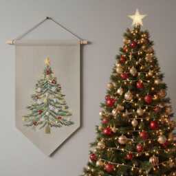 Christmas Tree Hand Embroidered Banner, Custom Holiday Linen Flag, Handmade Wall Decor, Fabric Festive Home Decor - thumbnail 2