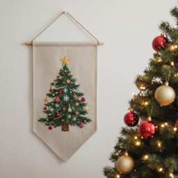 Christmas Tree Hand Embroidered Banner, Custom Holiday Linen Flag, Handmade Wall Decor, Fabric Festive Home Decor - thumbnail 1