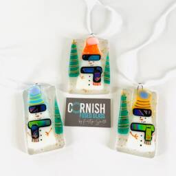 Fused Glass Snowman Decoration - Christmas Decoration, Snowman Cornish - thumbnail 3