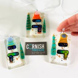 Fused Glass Snowman Decoration - Christmas Decoration, Snowman Cornish - thumbnail 1