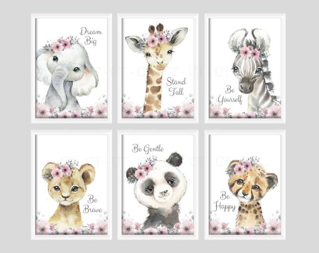 Choose Your Own Safari Animal Elephant Giraffe Zebra Lion 10 Girls A4 Or A3 Nursery Set Of Unframed Prints Leaves Flowers & Text Pink - image 1