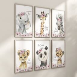 Choose Your Own Safari Animal Elephant Giraffe Zebra Lion 10 Girls A4 Or A3 Nursery Set Of Unframed Prints Leaves Flowers & Text Pink - thumbnail 2
