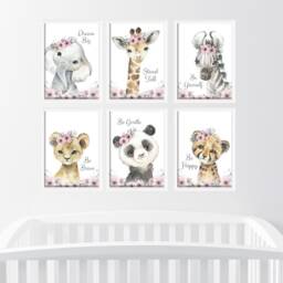Choose Your Own Safari Animal Elephant Giraffe Zebra Lion 10 Girls A4 Or A3 Nursery Set Of Unframed Prints Leaves Flowers & Text Pink - thumbnail 3
