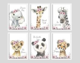 Choose Your Own Safari Animal Elephant Giraffe Zebra Lion 10 Girls A4 Or A3 Nursery Set Of Unframed Prints Leaves Flowers & Text Pink - thumbnail 1