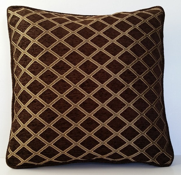 Brown Gold Embroidered Chenille Decorative Throw Pillow With Piping For Sofa Made in Usa - image 1