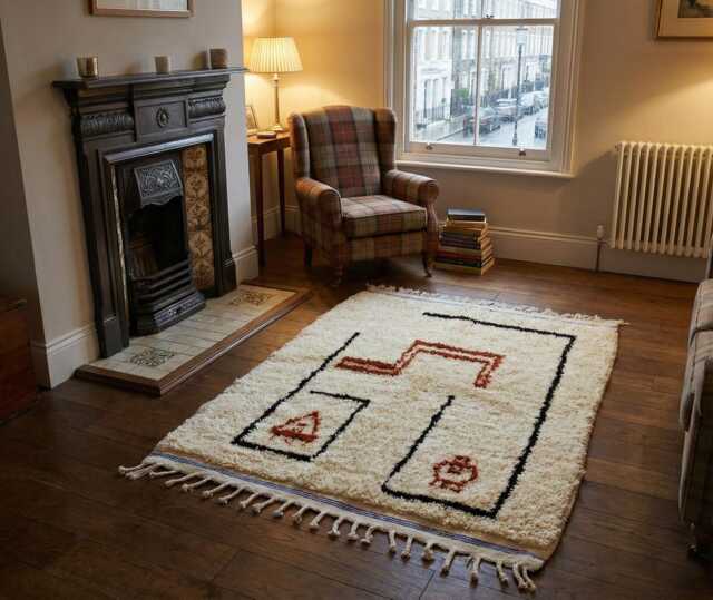 Hand-Knotted Wool Berber Rug - Cream Tribal Totems, Geometric Boho Area - image 1
