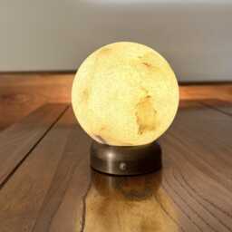 Vintage Alabaster Moon Lamp Natural Stone Brass-Tone Base10cm Rechargeable Night Light - thumbnail 3