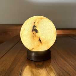 Vintage Alabaster Moon Lamp Natural Stone Brass-Tone Base10cm Rechargeable Night Light - thumbnail 2