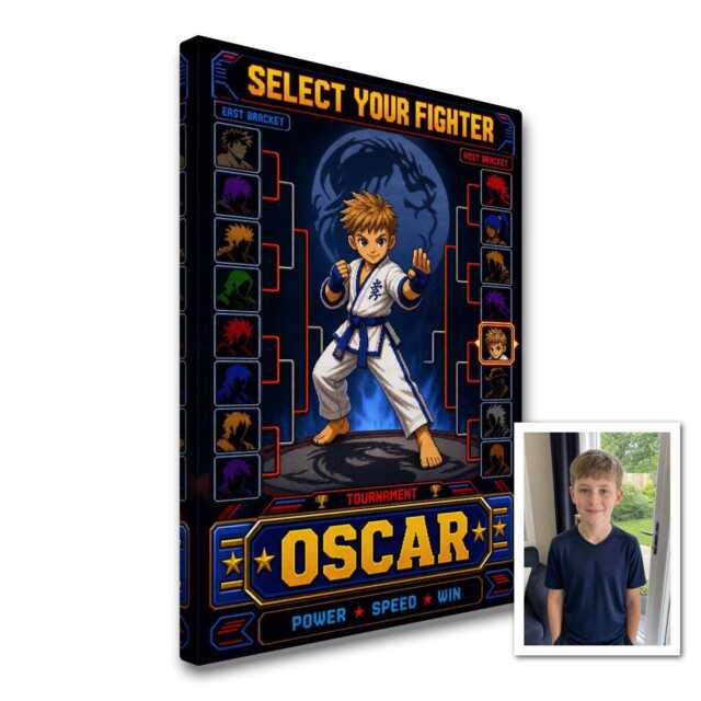 Personalised 90S Arcade Fighter Canvas From Photo, Custom Name Text, Retro Gaming Wall Art For Game Rooms Kids Bedroom - image 1