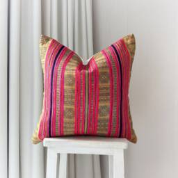 Hmong Hemp Pillow Cover Tribal Motif, Rustic Farmhouse Decor - 18x18 Inches - thumbnail 2