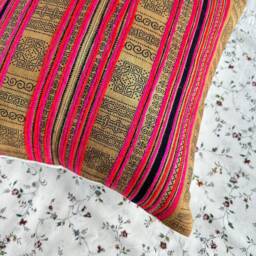 Hmong Hemp Pillow Cover Tribal Motif, Rustic Farmhouse Decor - 18x18 Inches - thumbnail 4