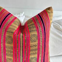 Hmong Hemp Pillow Cover Tribal Motif, Rustic Farmhouse Decor - 18x18 Inches - thumbnail 3