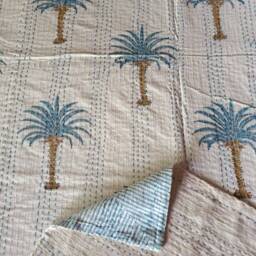 Indian Palm Tree Floral Print Kantha Bedcover Quilt , Throw, Bedspread Size Queen - thumbnail 2