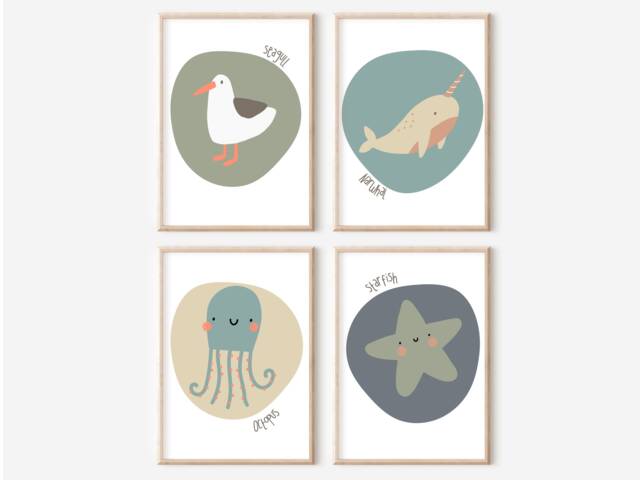 Nautical & Ocean Prints For A Nursery, Bedroom Or Playroom. Cute Beach Under The Sea Animals - Prints Only - image 1
