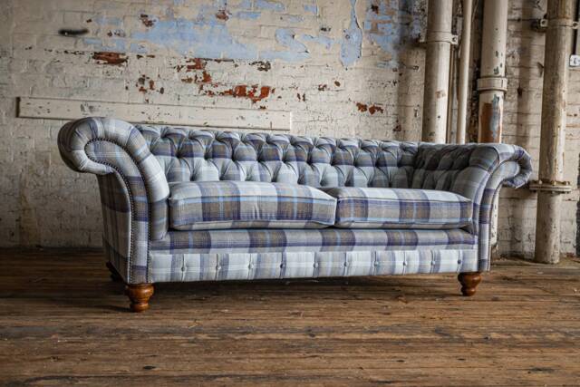 British Handmade 3 Seater Grey/Navy Blue Tartan Check Wool Chesterfield Sofa - image 1