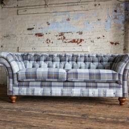 British Handmade 3 Seater Grey/Navy Blue Tartan Check Wool Chesterfield Sofa - thumbnail 3