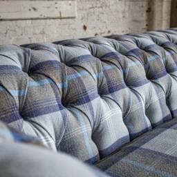 British Handmade 3 Seater Grey/Navy Blue Tartan Check Wool Chesterfield Sofa - thumbnail 2