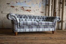 British Handmade 3 Seater Grey/Navy Blue Tartan Check Wool Chesterfield Sofa