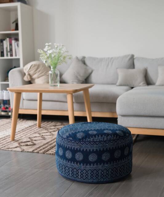 Hmong Indigo Batik Ottoman Pouf, Large Ethnic Floor Cushion - image 1