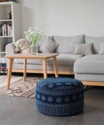 Hmong Indigo Batik Ottoman Pouf, Large Ethnic Floor Cushion - thumbnail 1