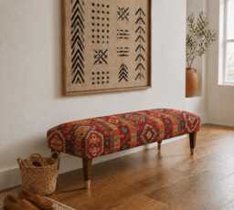 Handmade Upholstered Ottoman Seated Bench - Kilim Tribal Red Fabric - thumbnail 1
