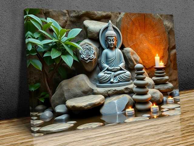 Buddha Meditation With Candles Purple Color, Flowers & Orchids, Home D??cor Canvas Print Art Framed - image 1