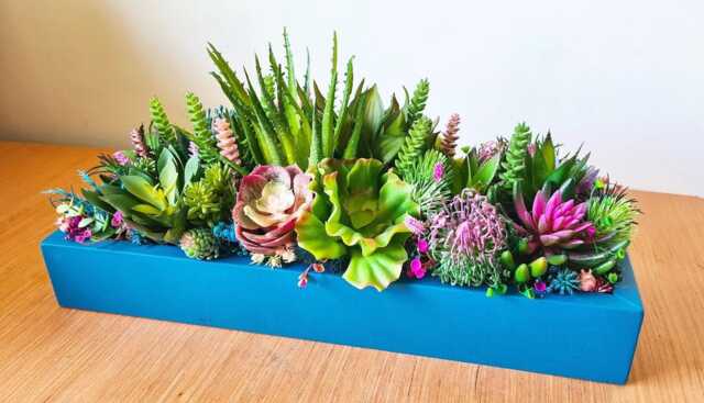 Vibrant Faux Succulent Planter Pink Teal Blue Wooden Table Centerpiece - image 1