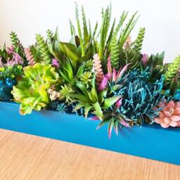 Vibrant Faux Succulent Planter Pink Teal Blue Wooden Table Centerpiece - thumbnail 3