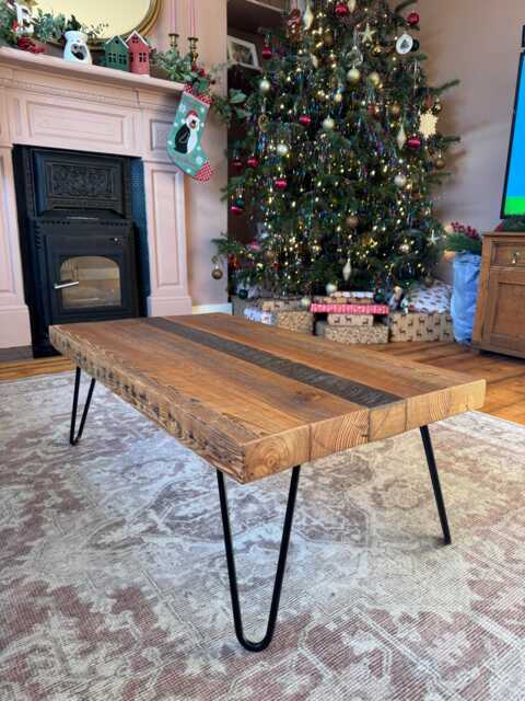 Reclaimed Coffee Table + 4 Hairpin Legs, Upcycled Table, Rustic & Solid Furniture - image 1