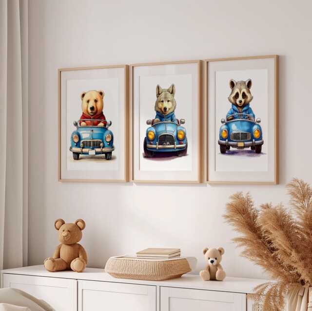 Animal Racing Car Prints Playroom Wall Art, Set Of 3 - image 1