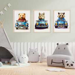 Animal Racing Car Prints Playroom Wall Art, Set Of 3 - thumbnail 3