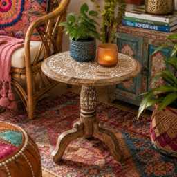 Malwa Round Pedestal Wooden Side Table - thumbnail 1