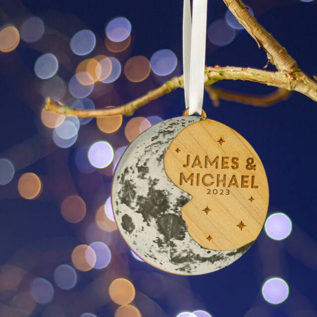 Silver Crescent Moon Personalised Christmas Tree Bauble - Silver/Cedar. Couples First Tree Decoration - image 1