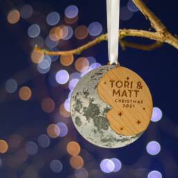 Silver Crescent Moon Personalised Christmas Tree Bauble - Silver/Cedar. Couples First Tree Decoration - thumbnail 2