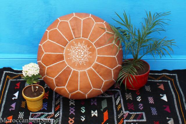Handmade Moroccan Leather Pouf, White Tan Ottoman, Home Decor - image 1