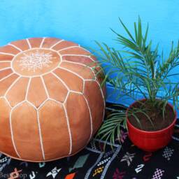 Handmade Moroccan Leather Pouf, White Tan Ottoman, Home Decor - thumbnail 3