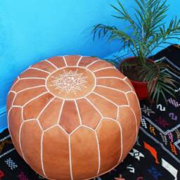 Handmade Moroccan Leather Pouf, White Tan Ottoman, Home Decor - thumbnail 2