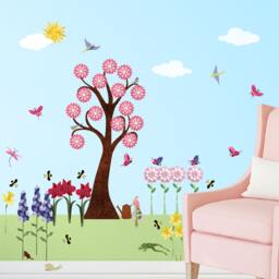 Flower Wall Decals For Girls Room - Peel & Stick Stickers With Large Tree Decal, Butterflies, Birds Mini Set - Item 1247-17