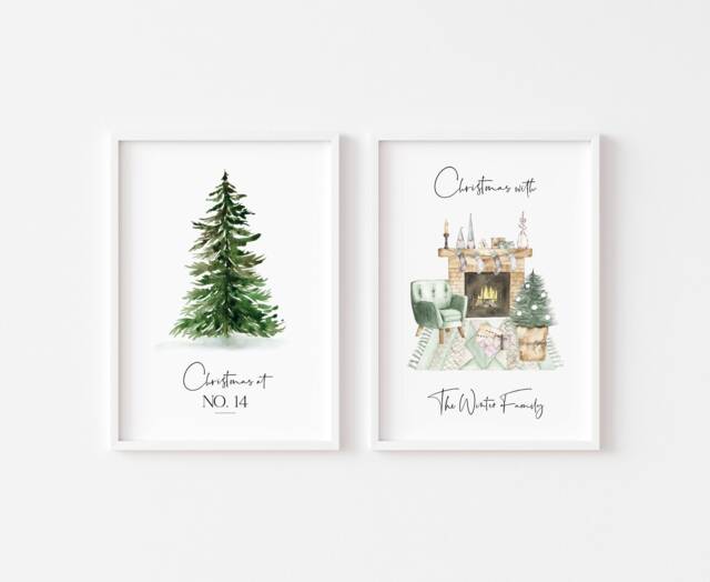 Christmas Prints Set Of 2 - Personalised Customised Wall Art Xmas Decor Family House Number- Gift Home Print - image 1