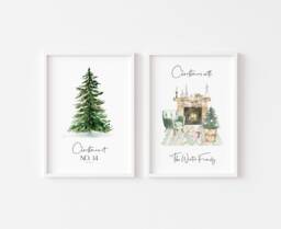 Christmas Prints Set Of 2 - Personalised Customised Wall Art Xmas Decor Family House Number- Gift Home Print - thumbnail 1