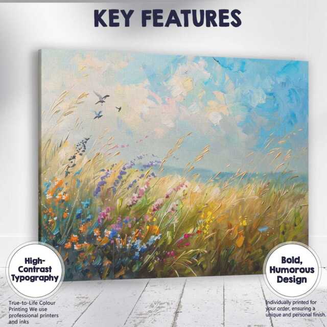 Colourful Wildflower Meadow Under Blue Sky Impressionist Landscape Canvas Wall Art Print Decor Picture Ready To Hang - image 1