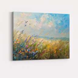 Colourful Wildflower Meadow Under Blue Sky Impressionist Landscape Canvas Wall Art Print Decor Picture Ready To Hang - thumbnail 4