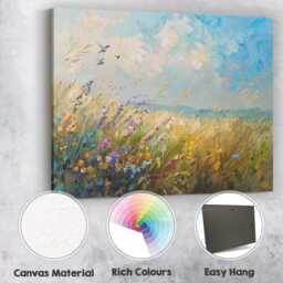 Colourful Wildflower Meadow Under Blue Sky Impressionist Landscape Canvas Wall Art Print Decor Picture Ready To Hang - thumbnail 2