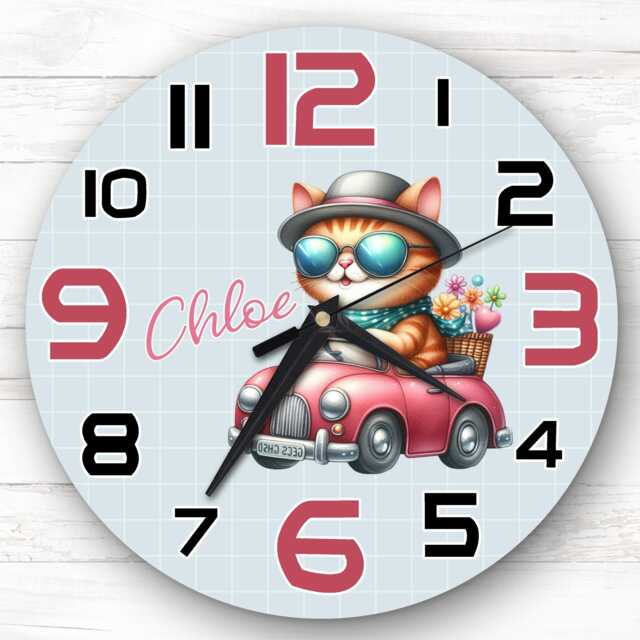 Vintage Car Sunglasses Cat Personalised Gift For Kid's Bedroom Clock - Kids Clock, Children's , Custom Wall - image 1