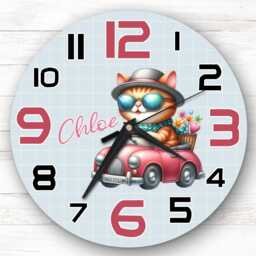 Vintage Car Sunglasses Cat Personalised Gift For Kid's Bedroom Clock - Kids Clock, Children's , Custom Wall