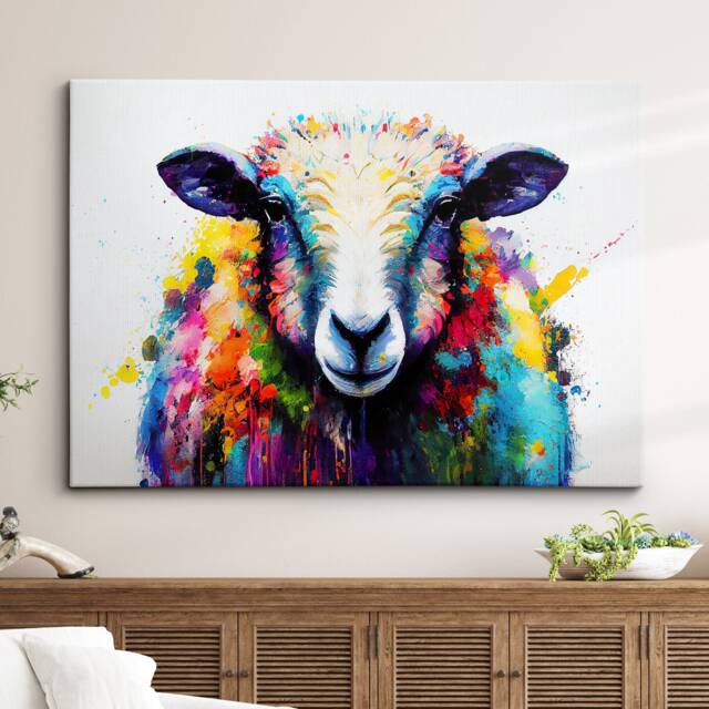 Beautiful Sheep Abstract Lamb Oil Painting Animal Splatter Style Wall Art Framed Canvas Poster Print, Home/Office Room Decor Gifts - image 1